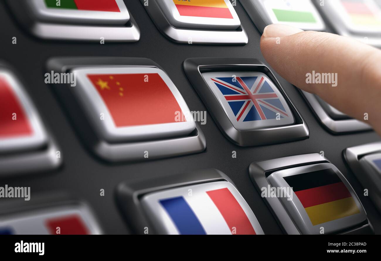 Finger, mit mehrsprachigen Support Buttons und Auswahl der englischen Sprache. Das zusammengesetzte Bild zwischen einer hand Fotografie und 3D-Hintergrund. Stockfoto