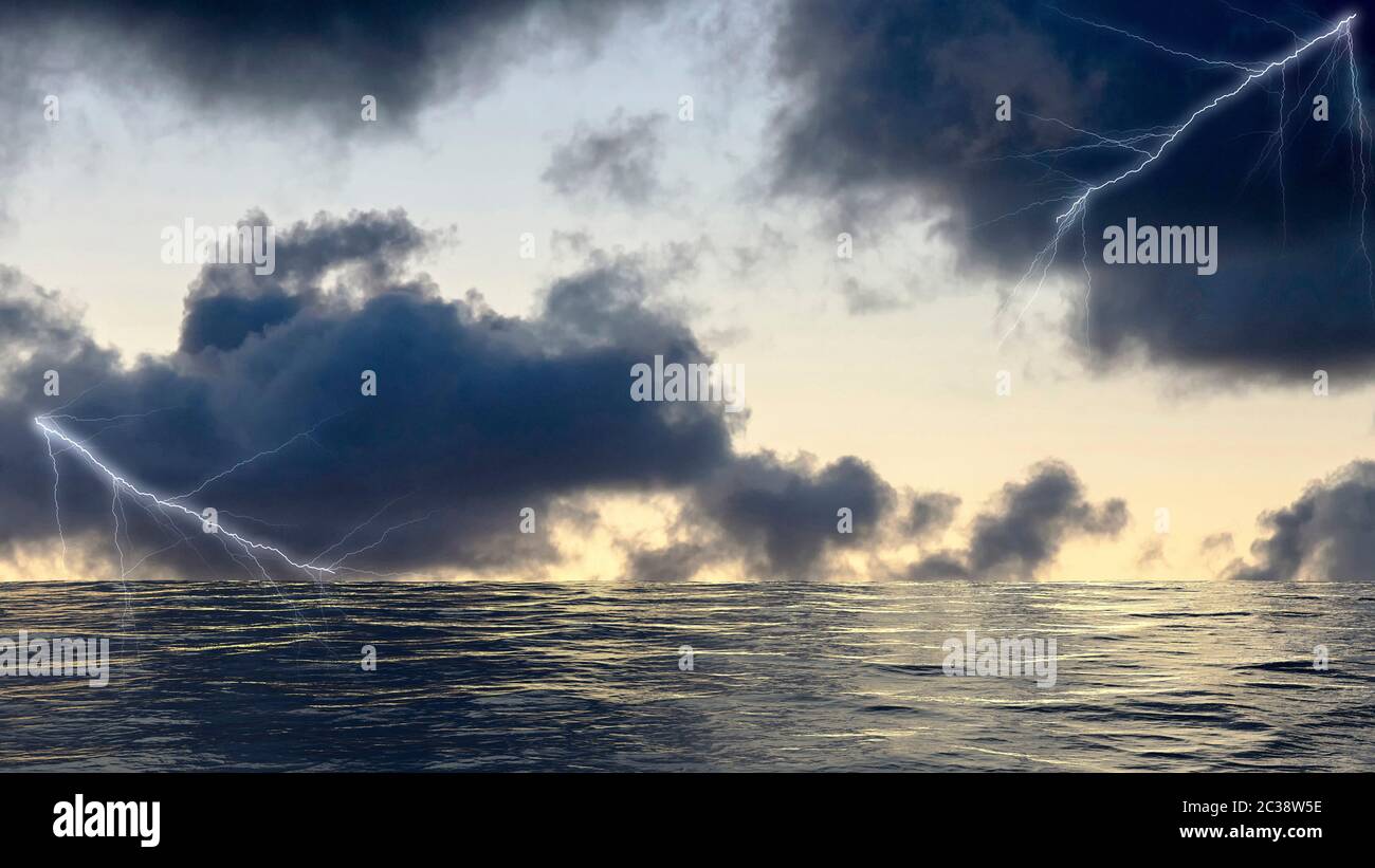 Blitzeinschläge auf der Meeresoberfläche in stürmischer See im Atlantik. Stockfoto