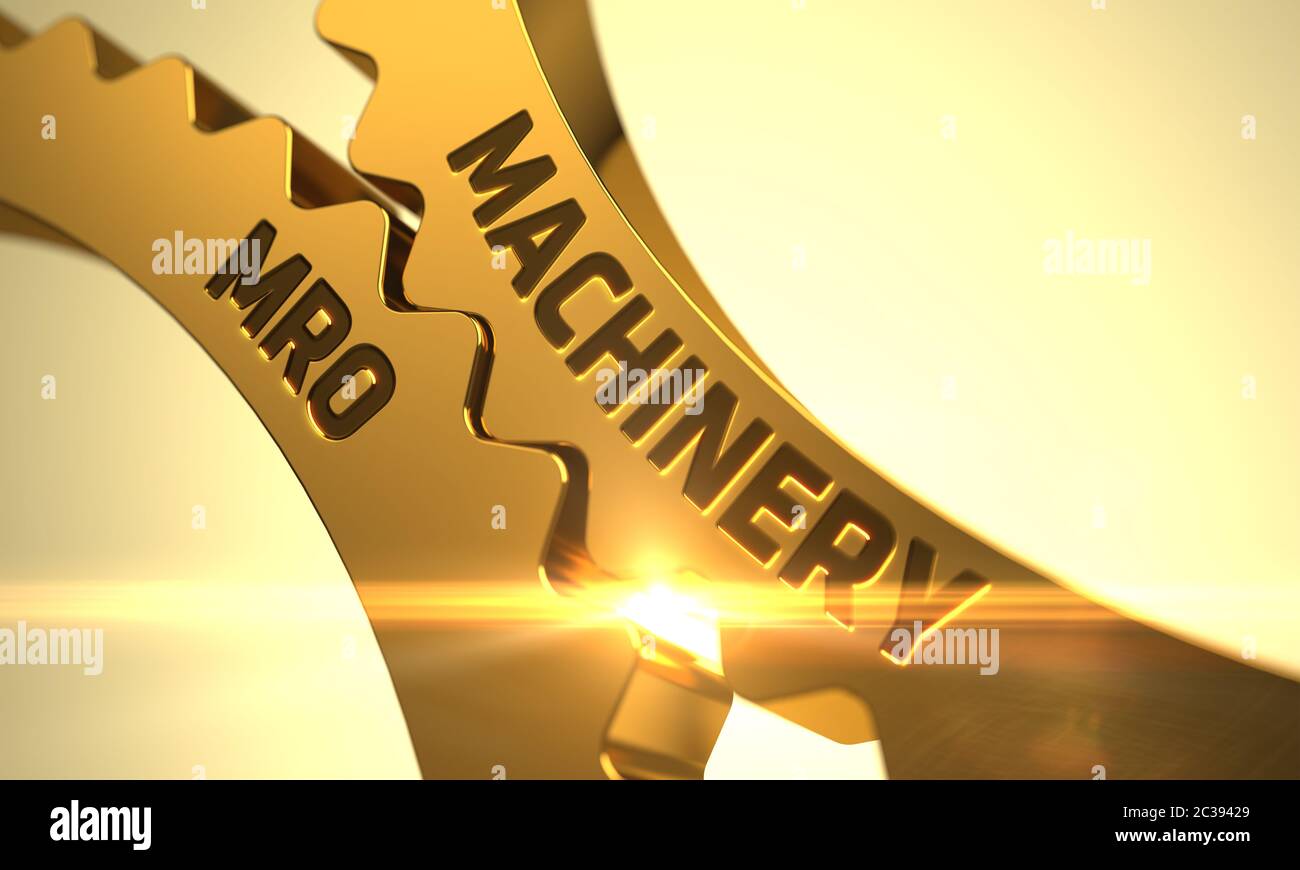 MACHINERY MRO - Abbildung mit Streuscheibe. Golden Metallic Zahnräder mit Maschinen MRO Konzept. Maschinen MRO auf Mechanismus von Golden Metallic Gear Stockfoto