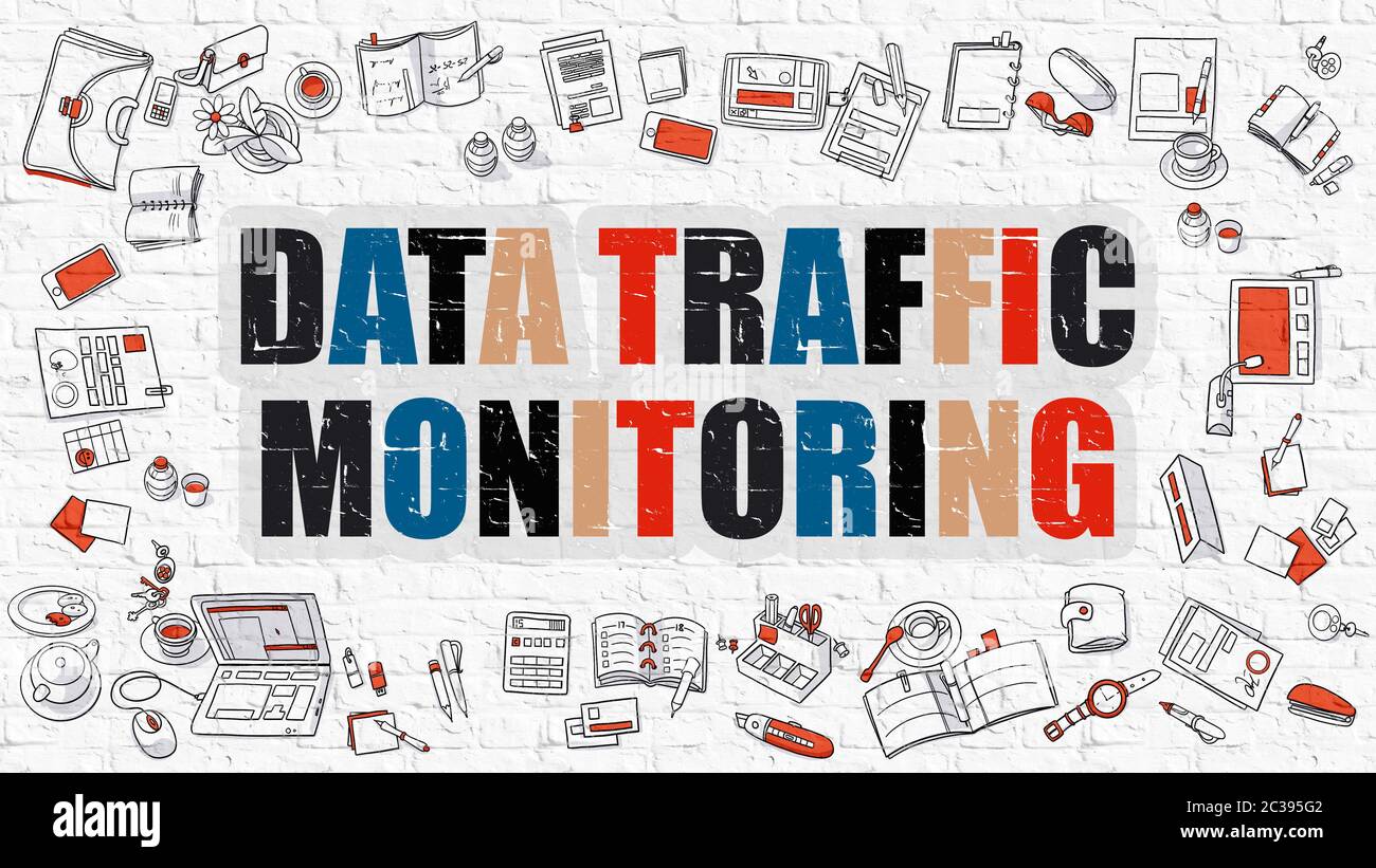 Überwachung Des Datenverkehrs. Überwachung des Datenverkehrs auf der weißen Wand. Überwachung des Datenverkehrs in Multicolor. Doodle Design Style of Data Traffic Monit Stockfoto