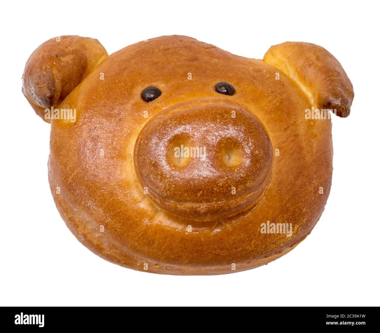 Weihnachtsplätzchen in Form eines Schweins als Glücksplätzchen / Schmalzkekse isoliert auf Weiß Stockfoto