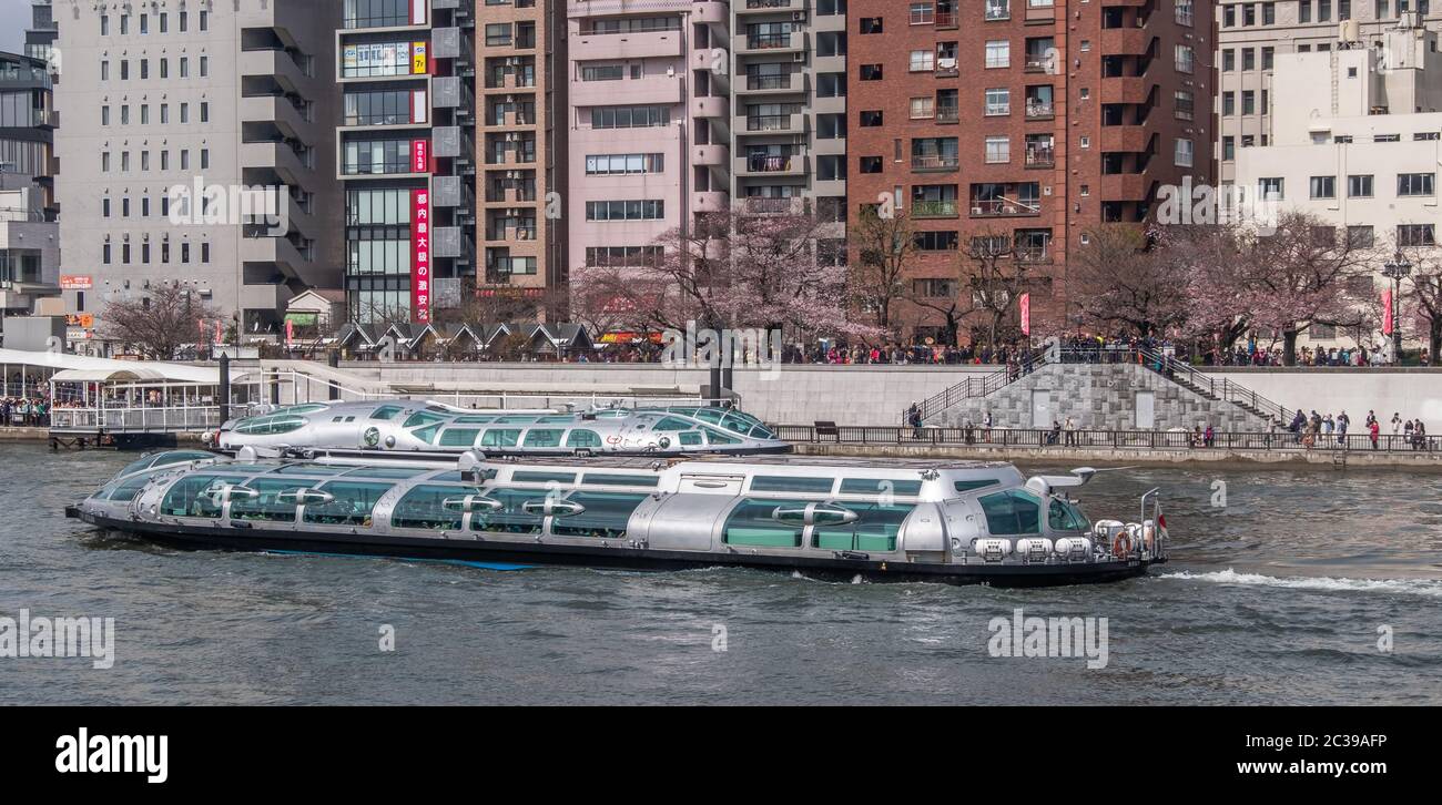 Futuristisch anmutender Wasserbus bei Sumida Rover, Tokio, Japan. Stockfoto