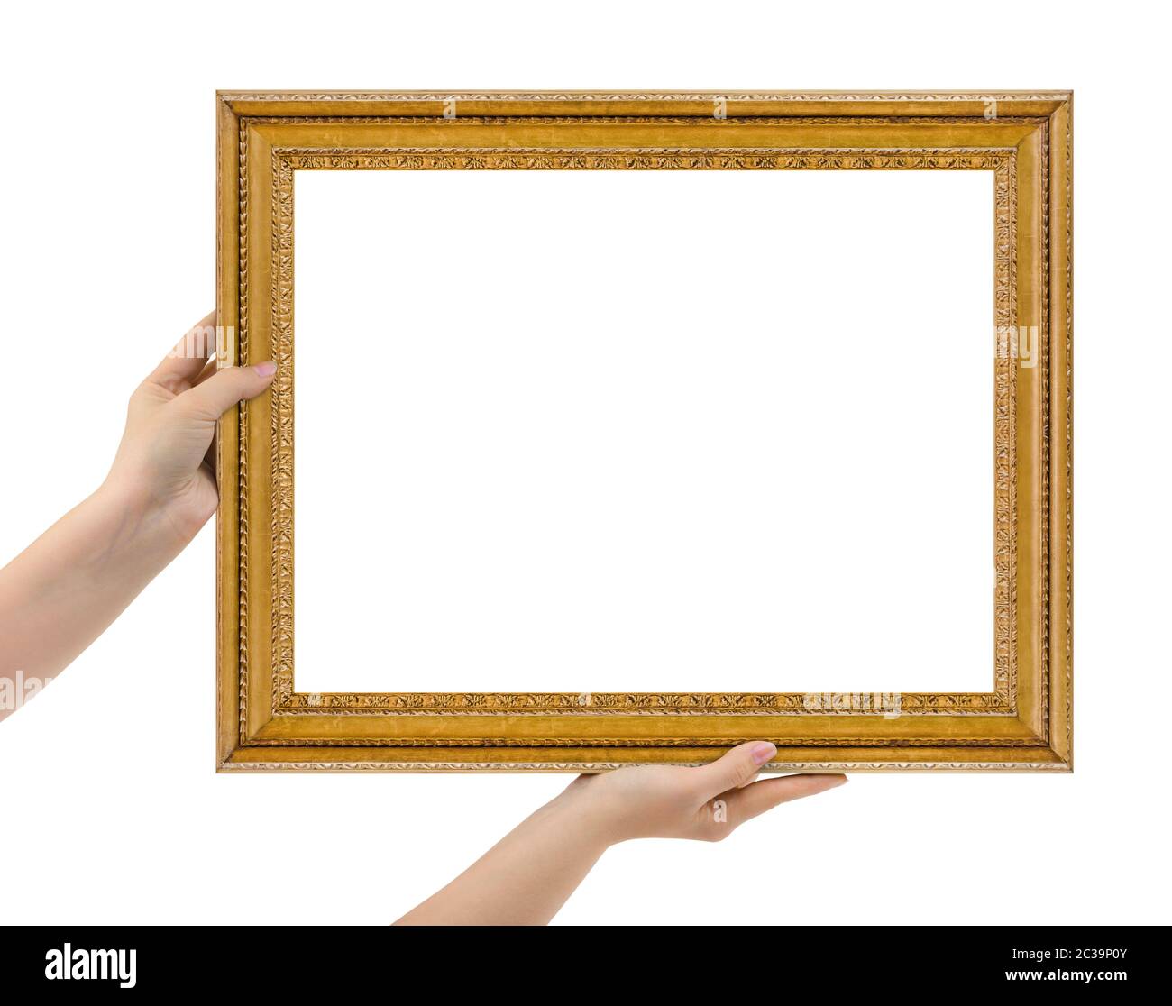 Holz Bilderrahmen in den Händen Stockfoto