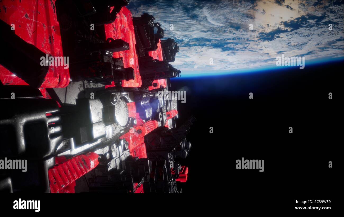 Raumschiff mit Blick auf Raum und der Planet Erde Stockfoto