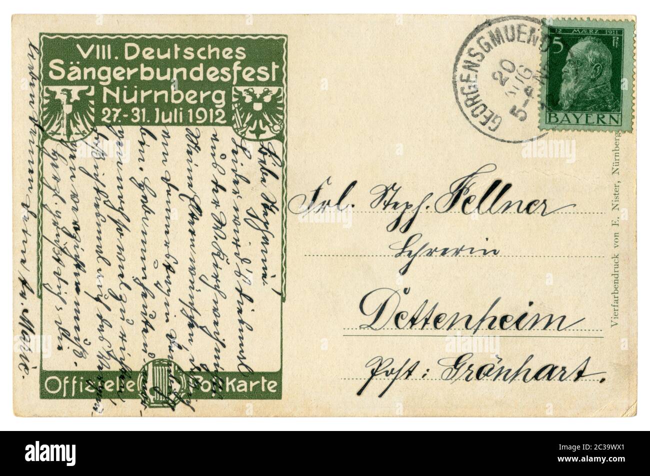 Rückseite einer deutschen historischen Postkarte: Handgeschriebener Text in Tinte, bayerische Briefmarke Prinz Luitpold mit Abstempelung, 1912 Stockfoto