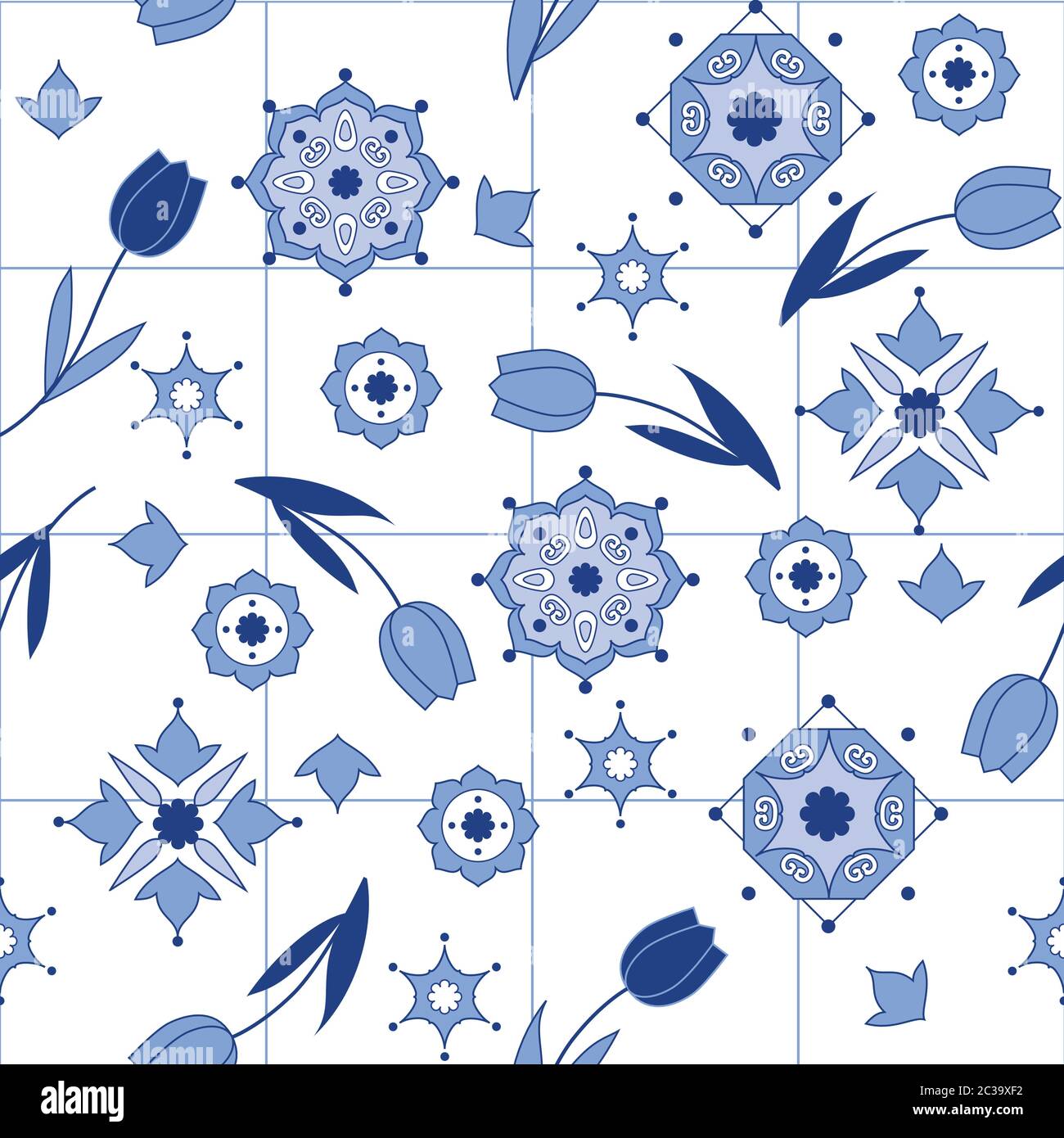 Delfter-Deko-Nahtmuster mit Tulpen. Vektorgrafik Stock Vektor