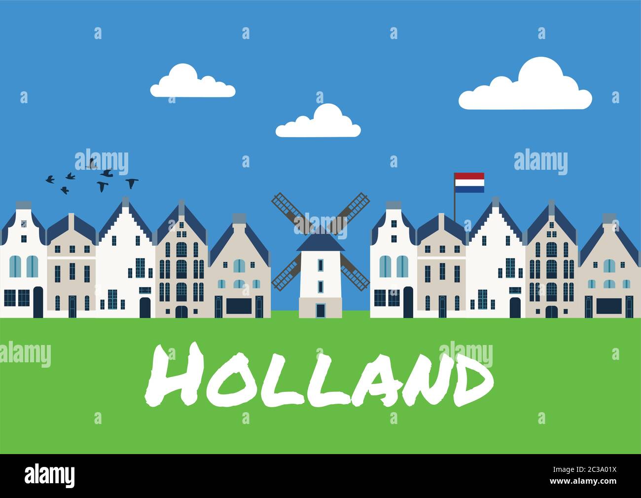 Traditionelle holländische Häuser und Mühlen - Vektor-Illustration Stock Vektor