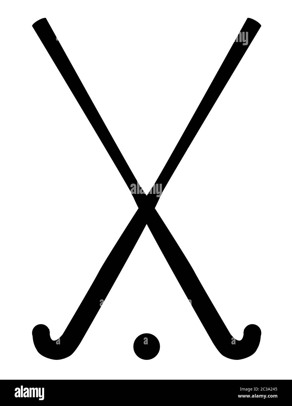 Ein gekreuztes Paar hockey Sticks und eine Kugel in Silhouette auf weißem Hintergrund Stockfoto