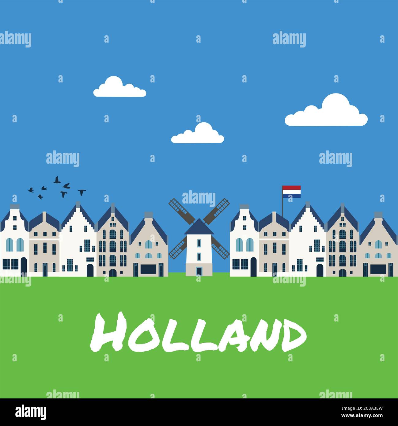 Traditionelle holländische Häuser und Mühlen - Vektor-Illustration Stock Vektor