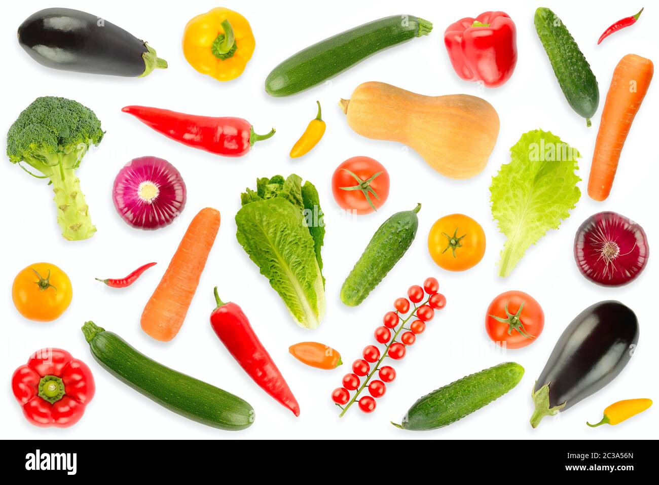 Draufsicht auf Sammlung von frischem Gemüse und Obst isoliert auf weißem Hintergrund mit hellen Schatten. Stockfoto