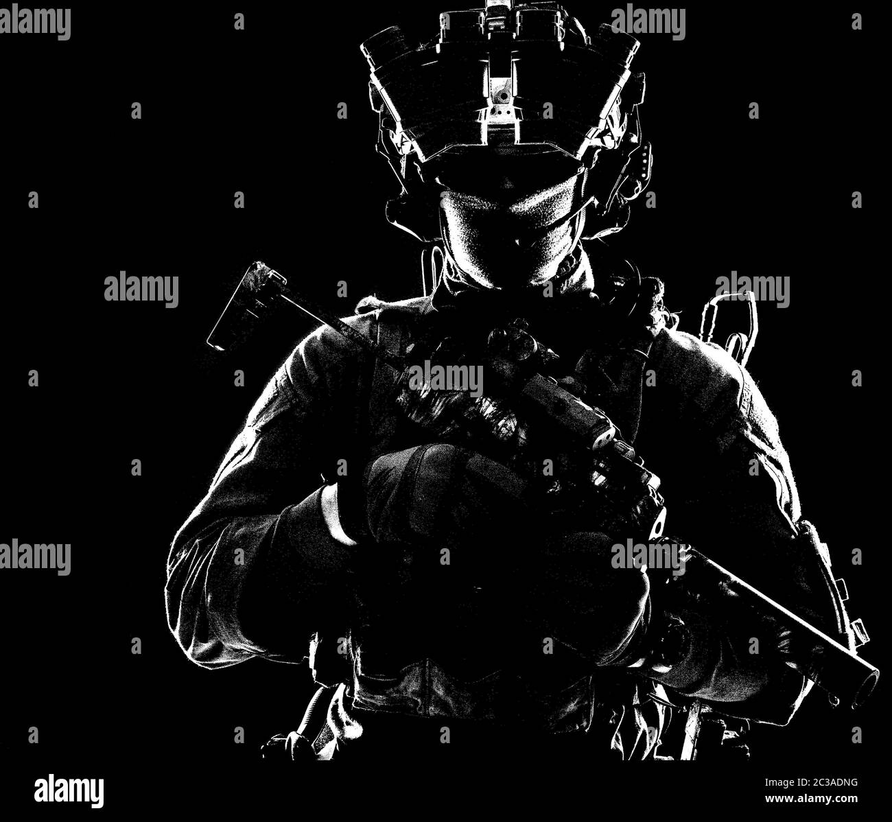 Moderne Infanterie-Soldat, Spezialeinsatzkräfte taktische Gruppe Shooter bewaffnete Maschinenpistole mit Schalldämpfer, ausgestattet Radio-Headset und Quad-Rohr nig Stockfoto