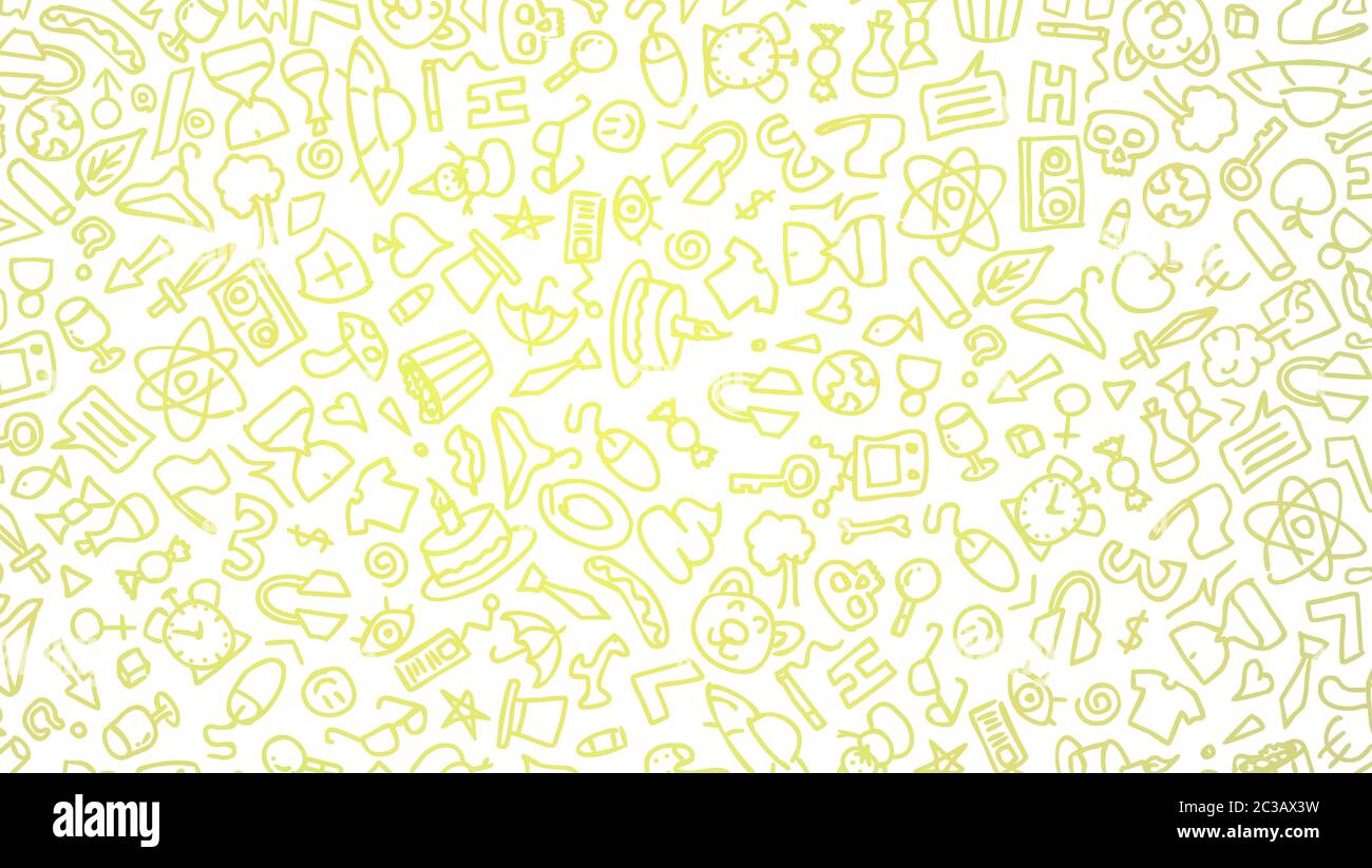 Gelbe Cartoon Hand gezeichnet Hippie doodles nahtlose Muster. Linienkunst detailliert, mit vielen Objekten Vektor-Hintergrund. Schwarz auf weißem Hintergrund. 2d-il Stockfoto