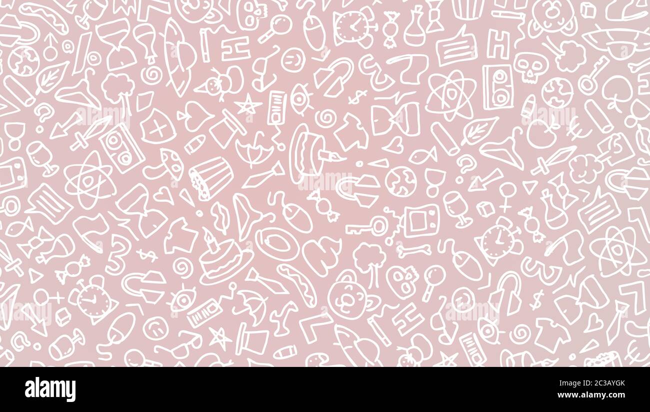 Rote Cartoon Hand gezeichnet Hippie doodles nahtlose Muster. Linienkunst detailliert, mit vielen Objekten Vektor-Hintergrund. Schwarz auf weißem Hintergrund. 2d-Abb. Stockfoto
