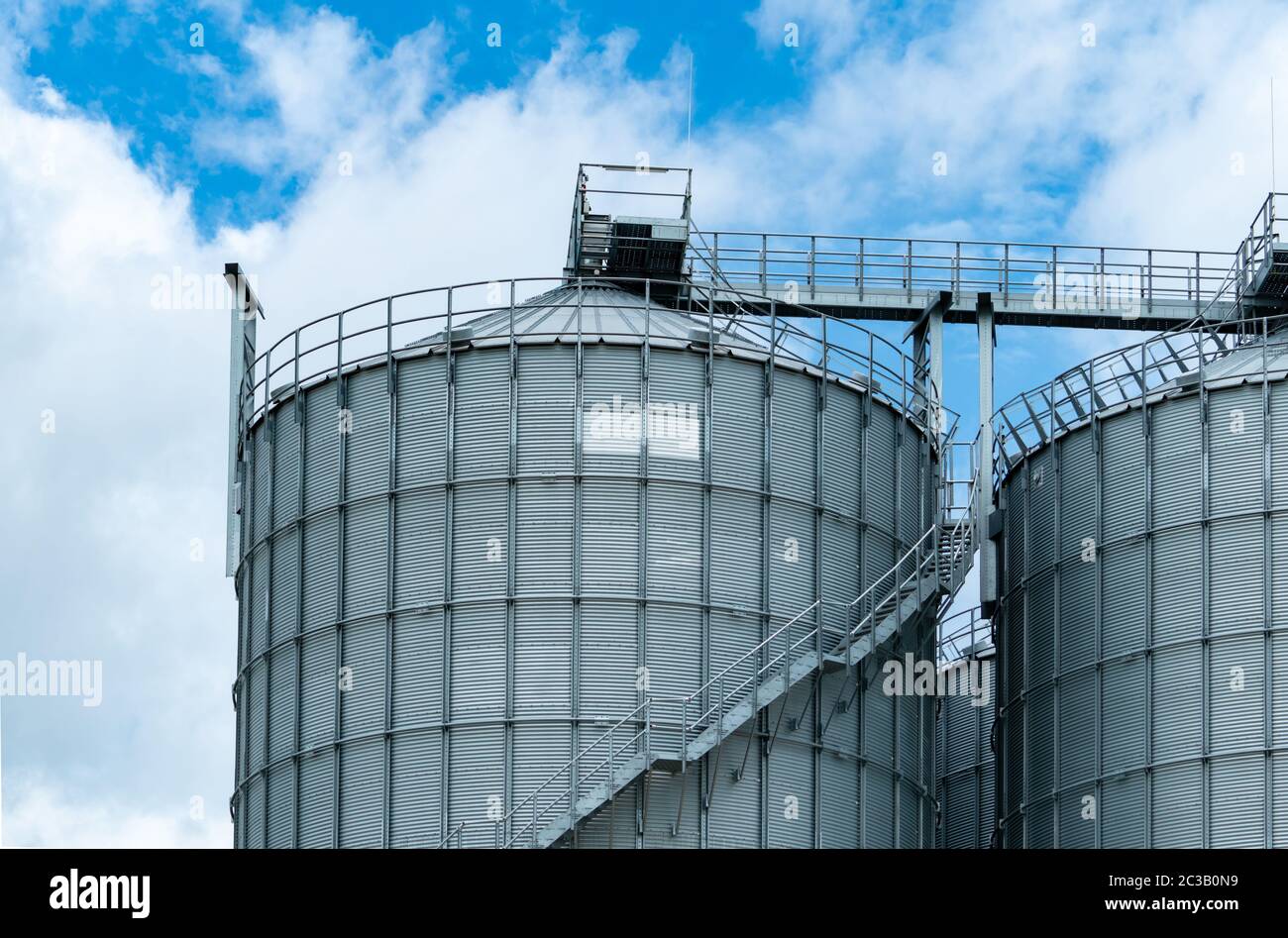 Agrarwirtschaftliches Silo in der Fabrik der Futtermühle. Großer Tank für die Lagerung von Getreide in der Futtermittelherstellung. Saatgut-Vorratsturm für die Futtermittelproduktion. Kommerzieller Feed f. Stockfoto