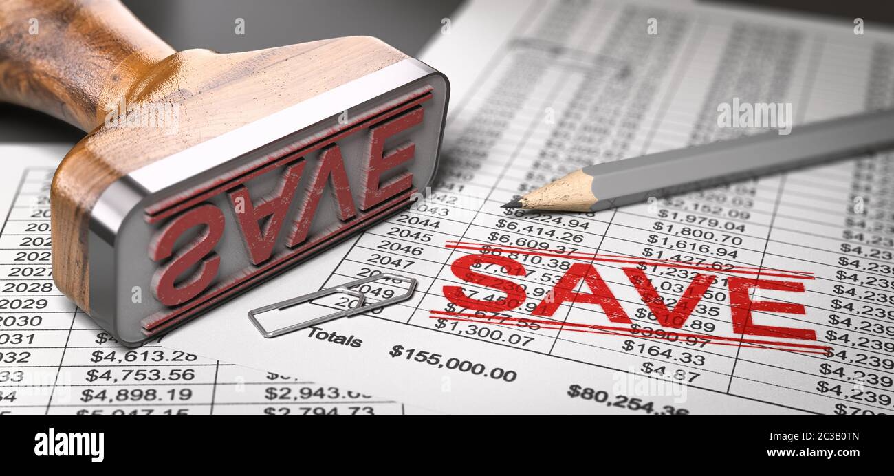 Stempel mit dem Wort speichern gedruckt über Kredit- oder Hypothekendokument. Konzept der Vermittlung und Geld sparen. 3d-Illustration. Stockfoto