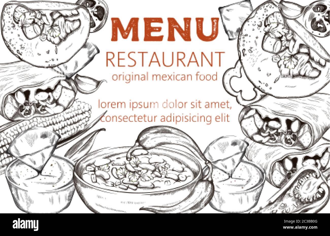 Mexikanische Food Line Art Komposition mit Mais, Paprika, Taco und würzige Bohnensuppe. Menüvorlage für Restaurant. Skizzenstil. Für Text platzieren. Vektor Stock Vektor
