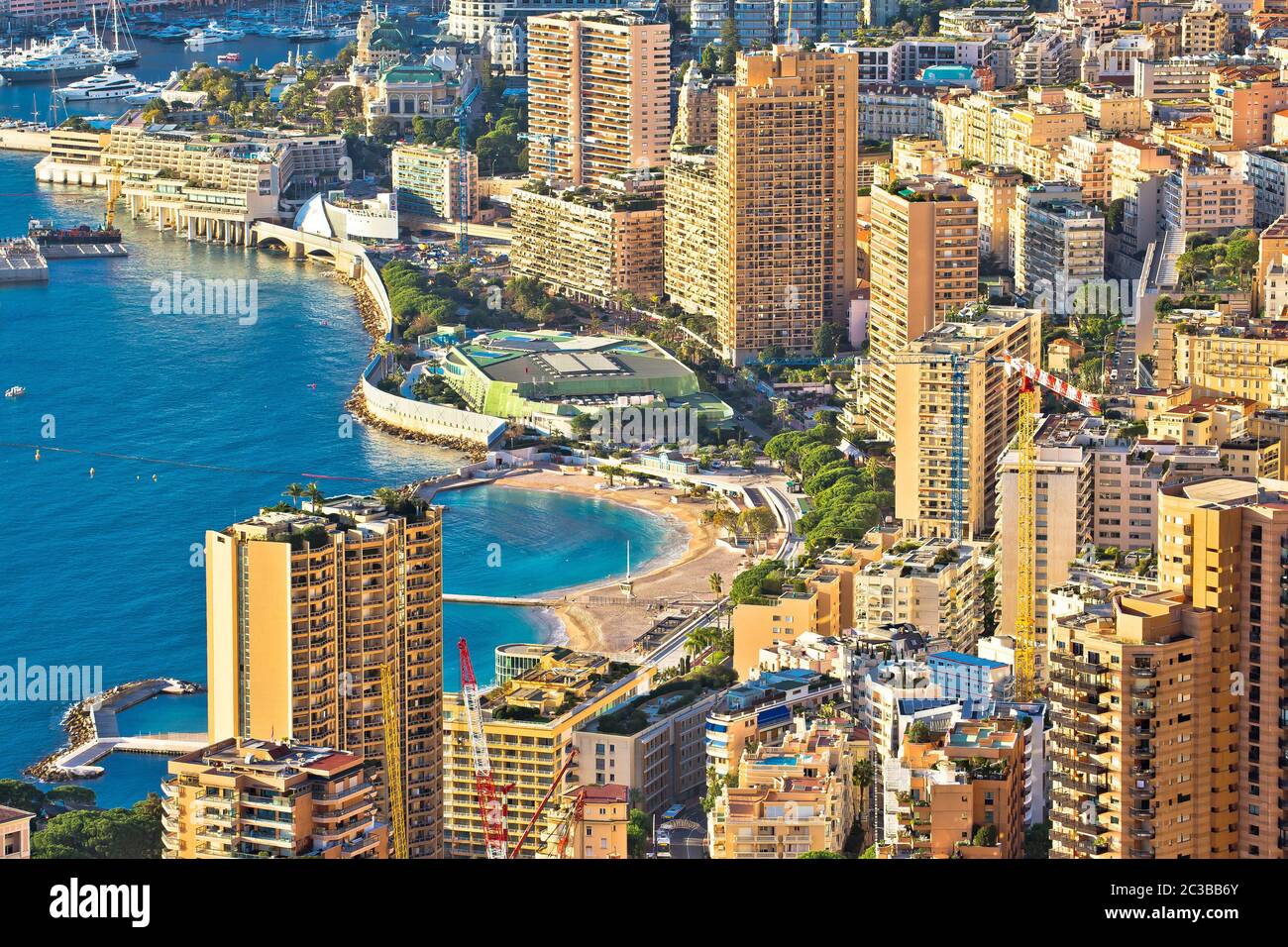 Les Plages. Monaco und Monte Carlo Stadtbild und Hafen Luftbild Stockfoto