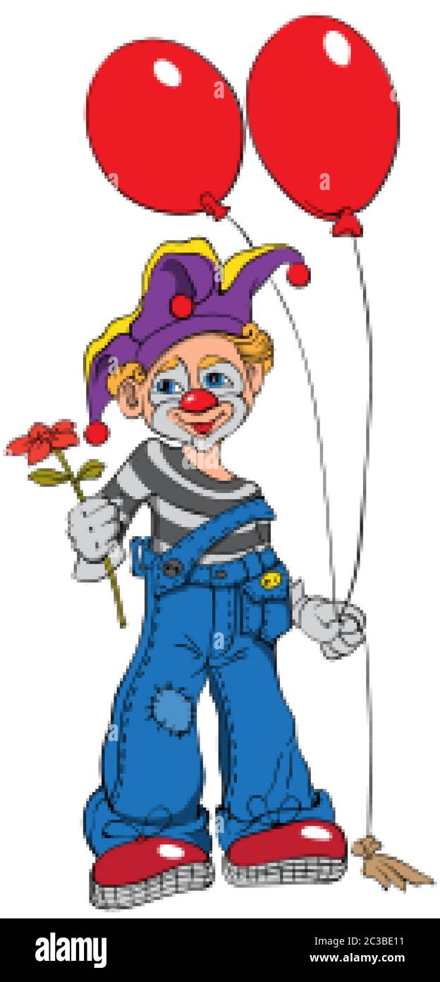 MIME Clown mit Cupcake und roten Ballons lächeln und eine Blume reichen. Vektor Stock Vektor