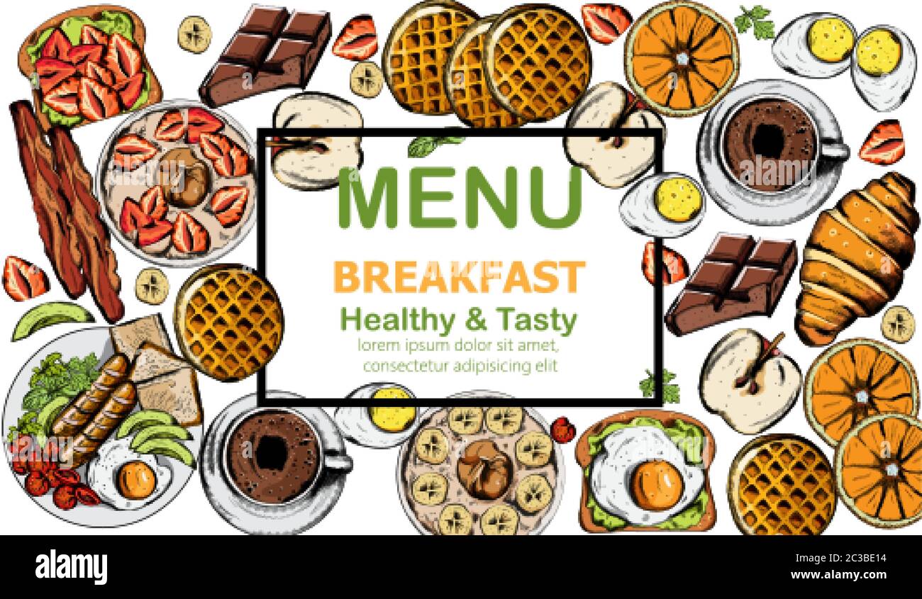 Gesundes und leckeres Frühstück mit mehreren Speisen und Getränken. Kaffee, Eier, Orange, Waffeln, englischer Teller mit Wurst und Brot. Erdbeere, Kross Stock Vektor