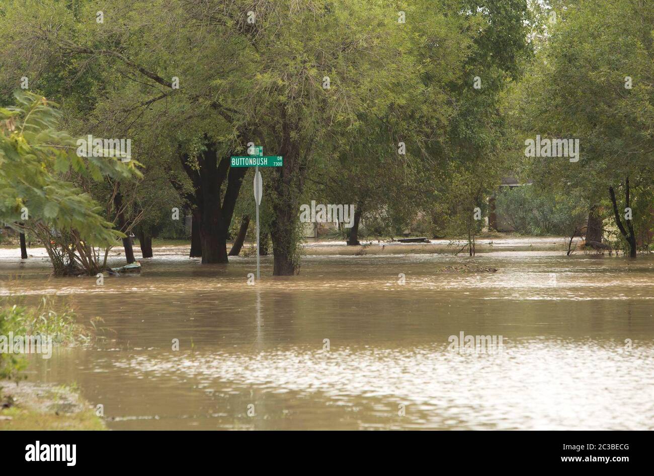 Austin, Texas, USA, Oktober 30 2015: Teilweise unter Wasser befindliches Straßenschild im Onion Creek-Viertel im Süden von Austin, nachdem das Gebiet früher am Tag über 11 cm Regen ausgesetzt war. ©Marjorie Kamys Cotera/Daemmrich Photography Stockfoto