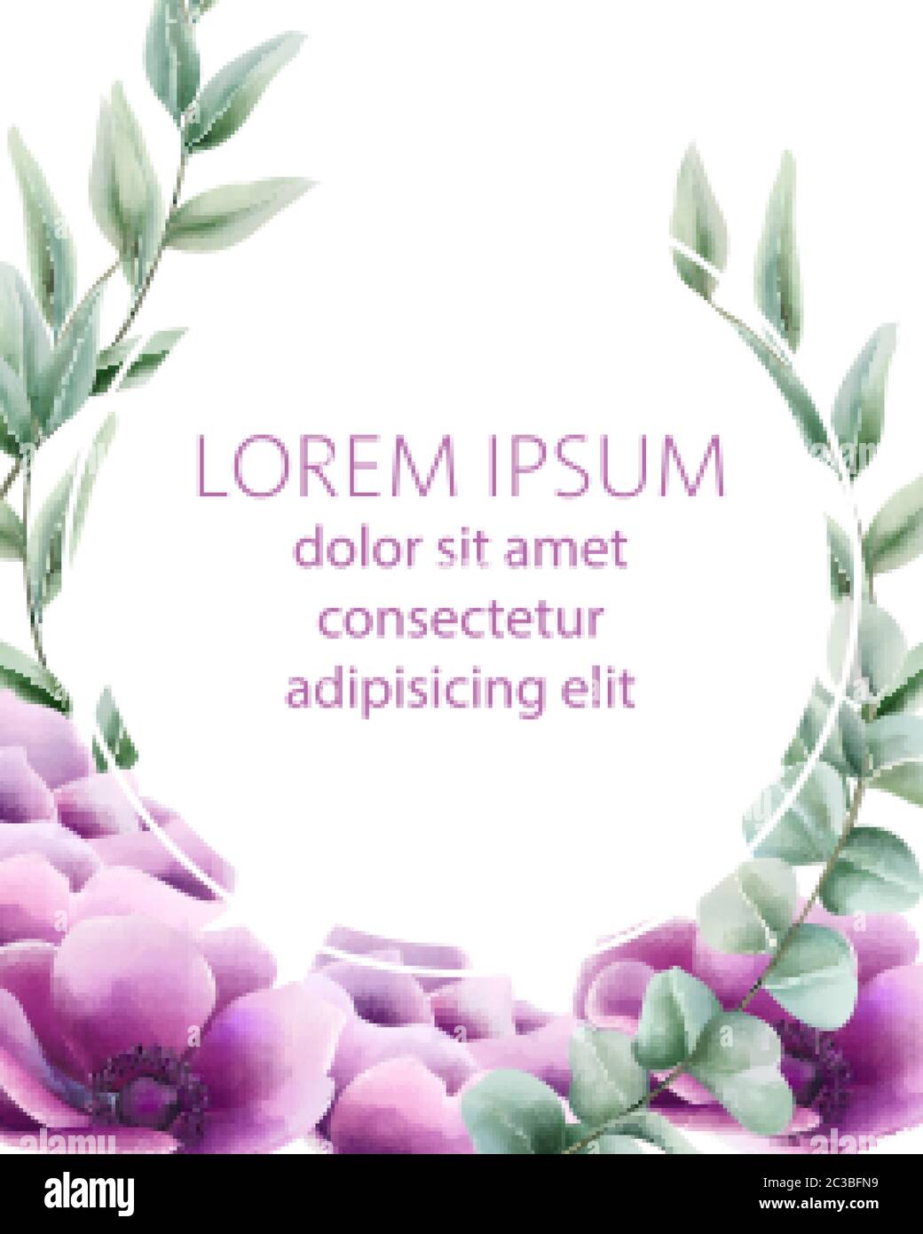 Grußkarte im Kranzstil mit Pfingstrosen und grünen Blättern. Vektor Stock Vektor