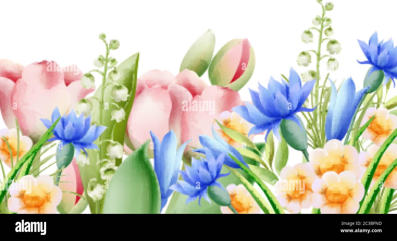 Frühling Aquarell Bouquet von wilden Blumen. Glocke, Tulpe, Aster und Narzissen. Vektor Stock Vektor
