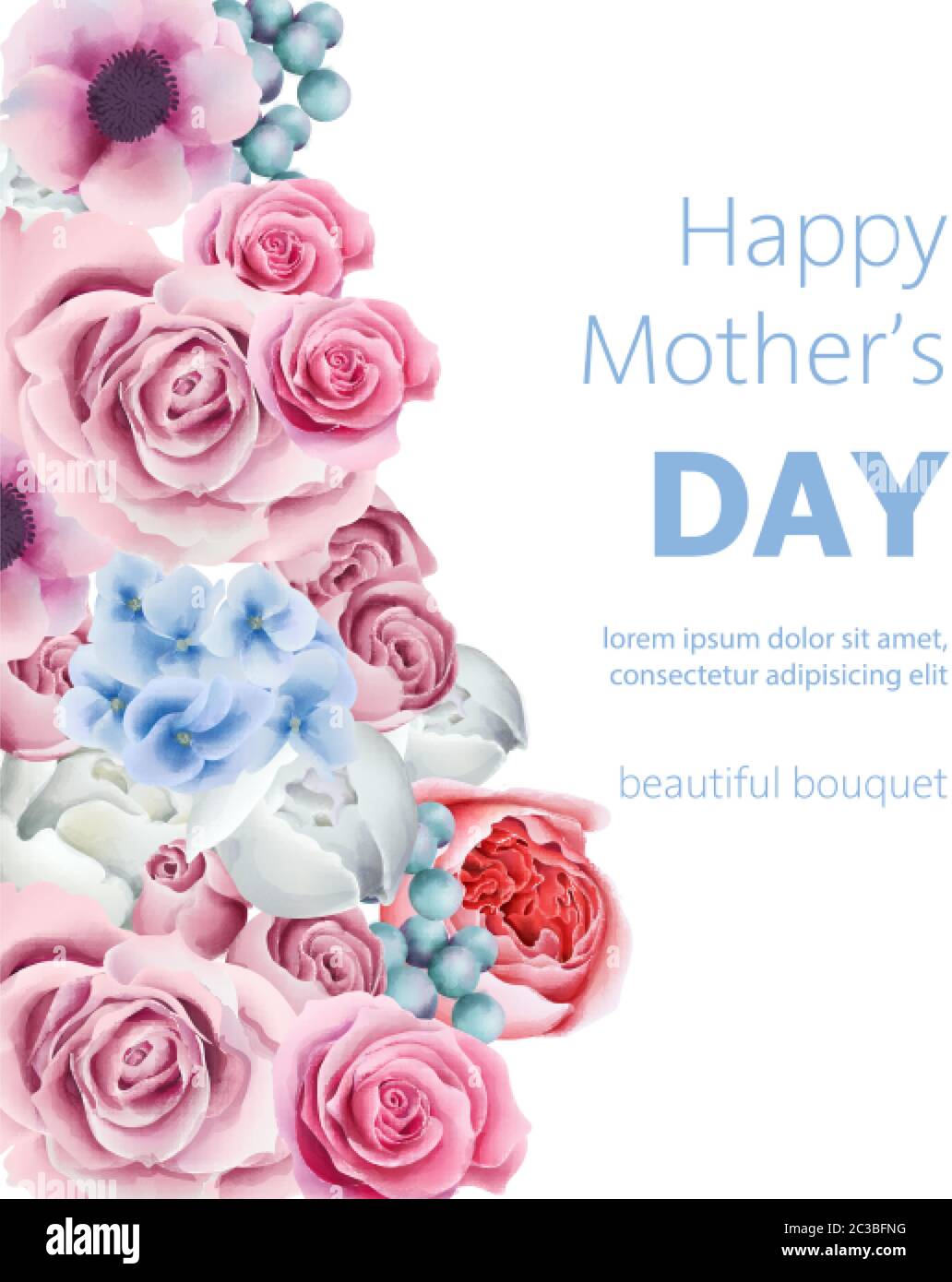 Happy Mother's Day Komposition mit Orchidee, Pfingstrosen, Rosen und Beeren. Wasserfarben-Vektor Stock Vektor