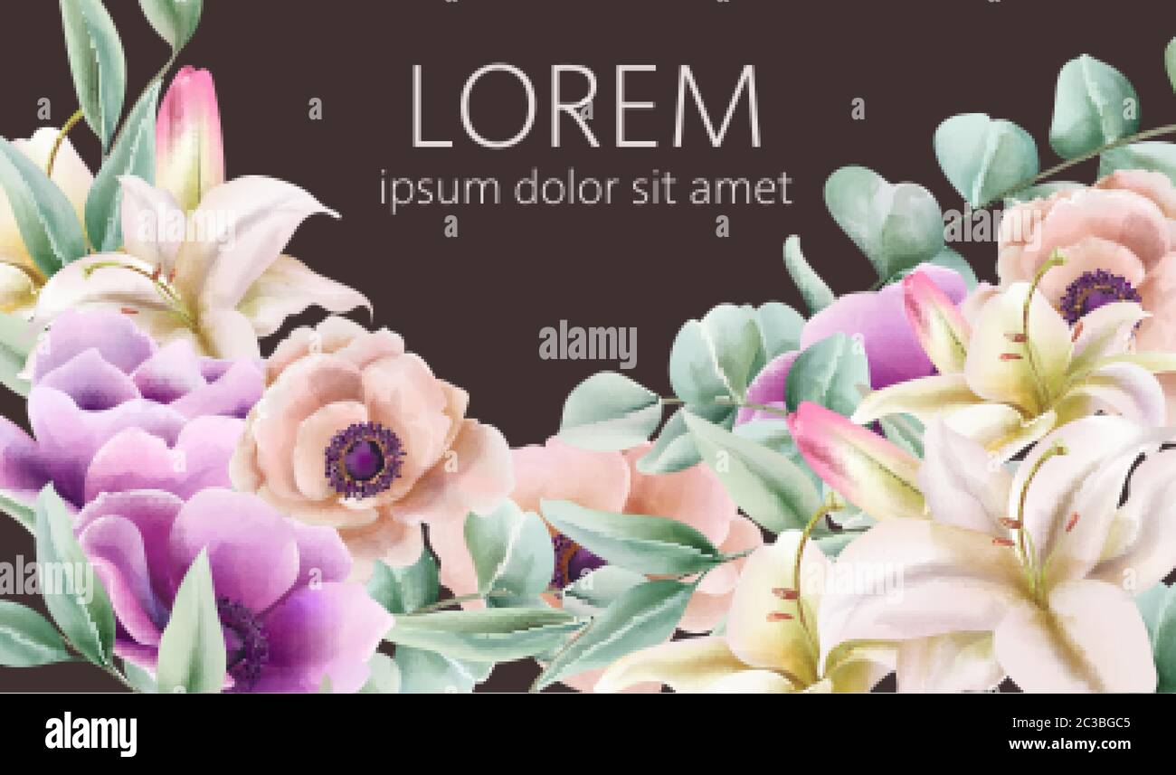 Komposition aus Vintage Lilie und Pfingstrosen mit grünen Blättern. Für Text platzieren. Vektor Stock Vektor