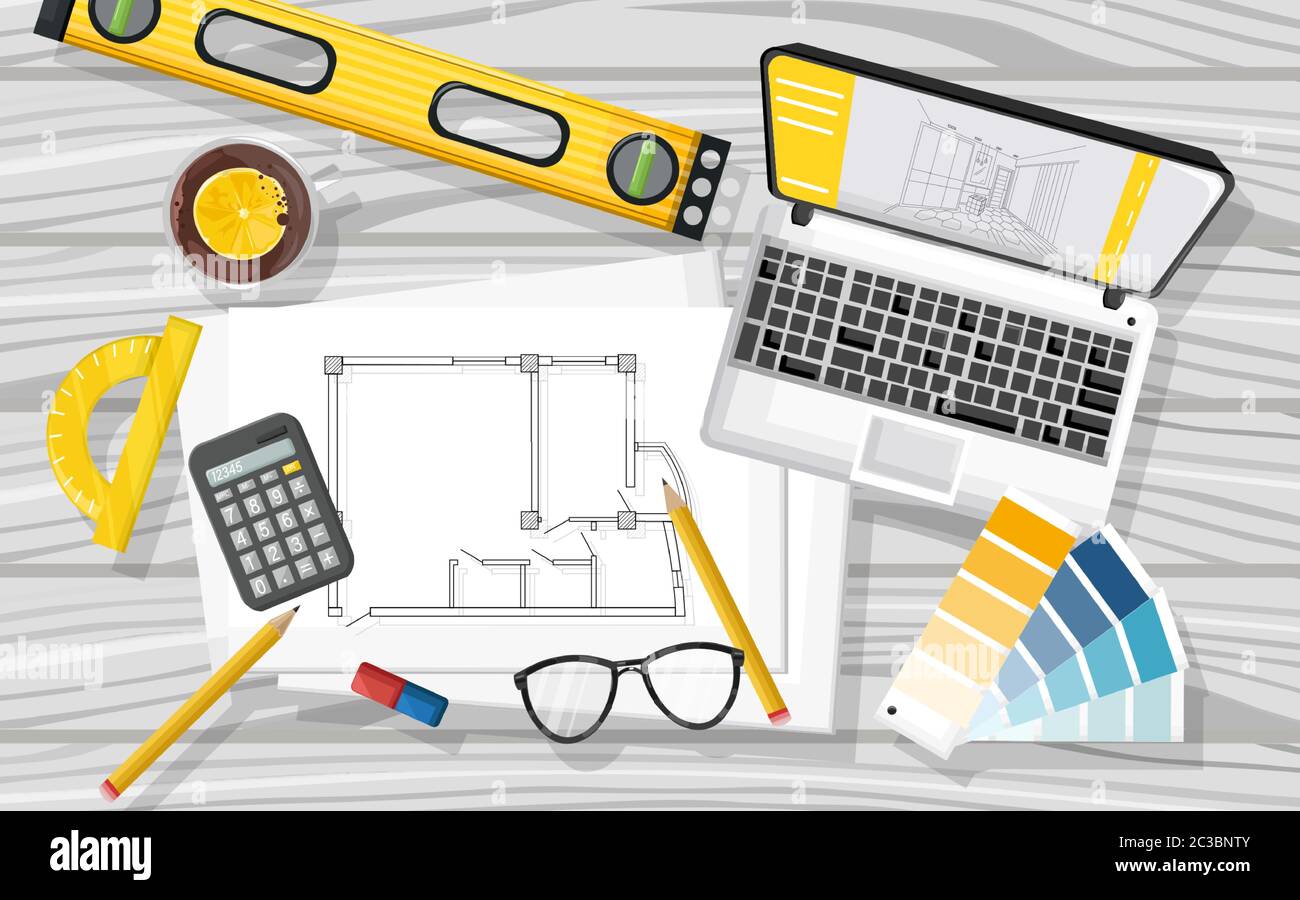 Architect Schreibtisch mit Laptop, Level-Tool, Tee, Gläser, Rechner, Blaupause, Farbbuch und andere Vektor Stock Vektor