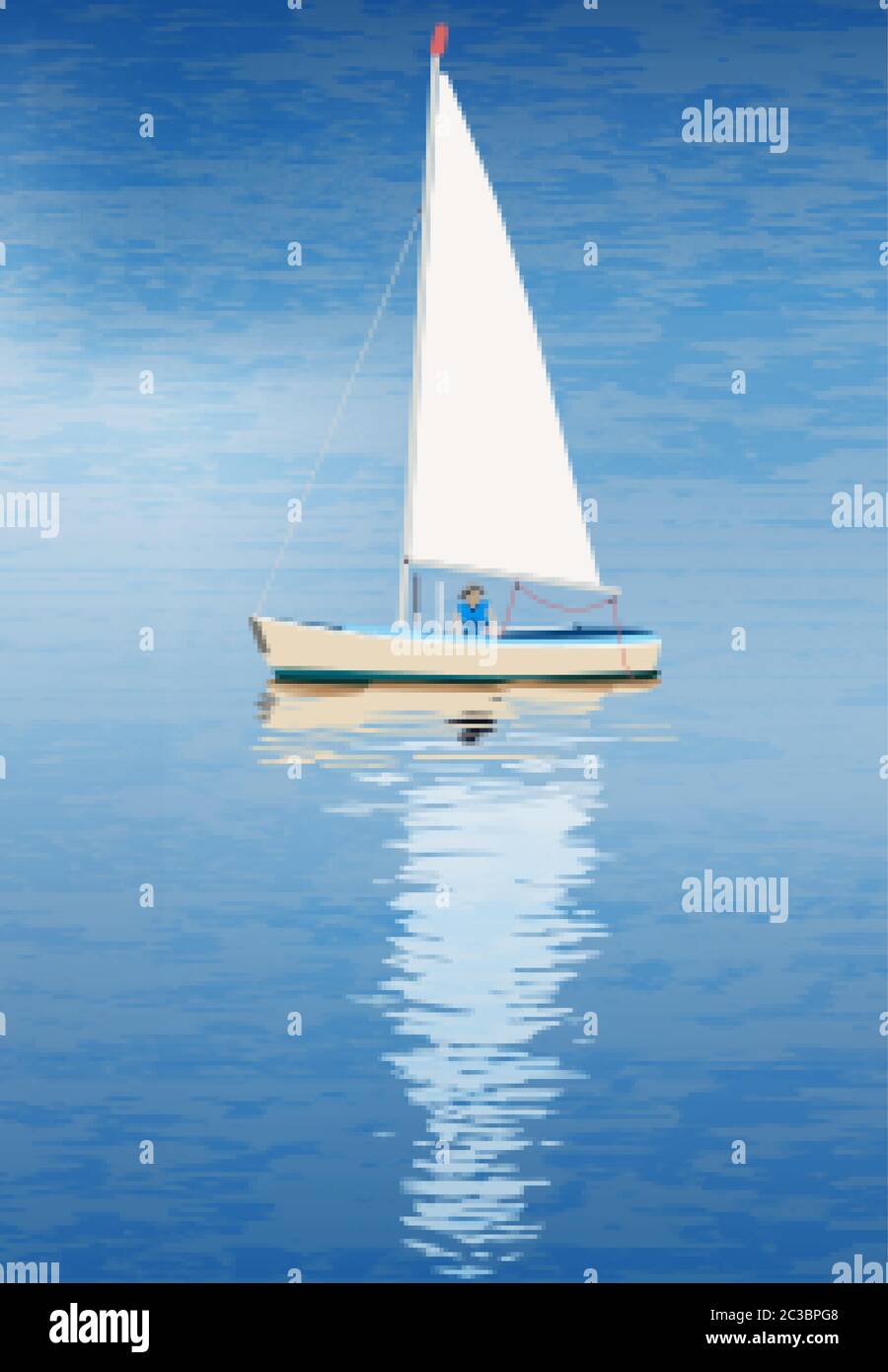 Einsamer Seemann in seinem Boot im blauen Meer mit Reflexion auf Wasser. Vektor Stock Vektor