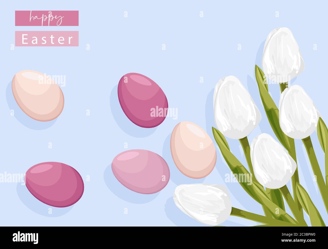 Ostereier ohne Dekorationen und weiße Tulpenblumen. Für Text platzieren. Vektor Stock Vektor