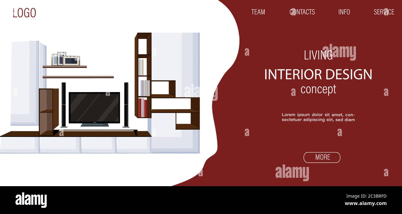 Moderne Wohnzimmerseite Vorlage mit großem fernseher und Regalen für Bücher und Bilderrahmen. Farbige Skizze. Vektor Stock Vektor