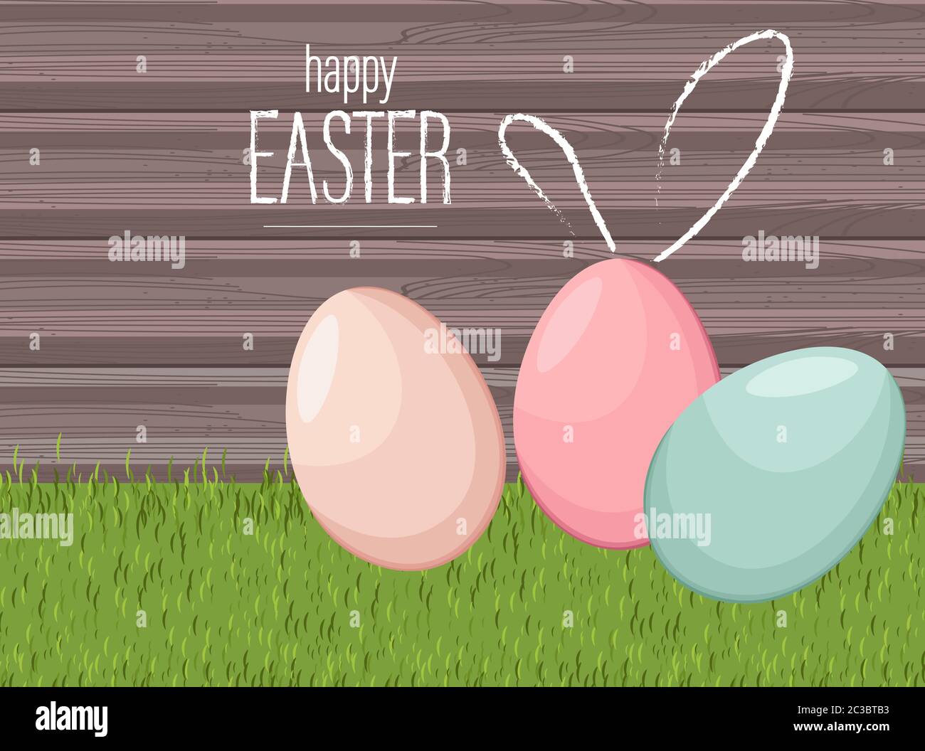 Frohe ostern bunte Eier auf Gras mit Holzhintergrund. Vektor Stock Vektor