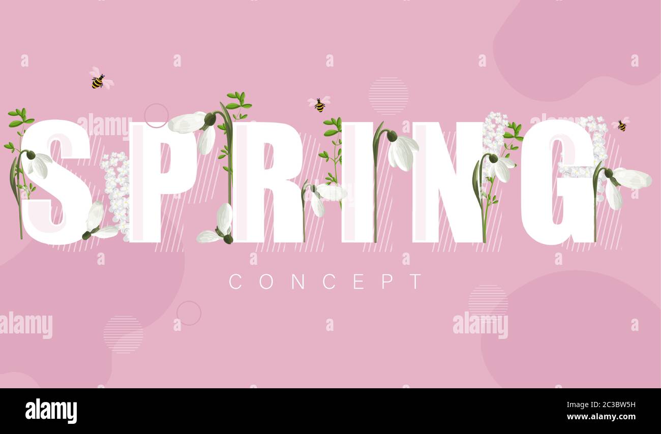 Frühlingsbanner mit weißen Schneeglöckchen und Fliederblumen. Rosenhintergrund. Vektor Stock Vektor