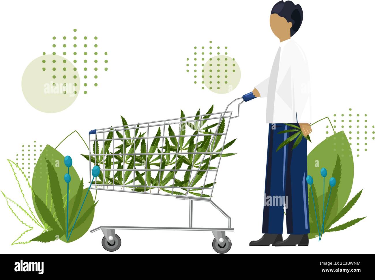 Junger Mann, der Cannabis-Blätter in einem Trolley kauft. Vektor Stock Vektor