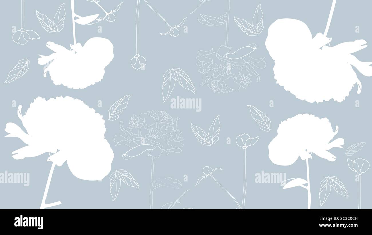 Linie Kunst Pfingstrosen Blumen auf hellblauem Hintergrund. Vektor Stock Vektor