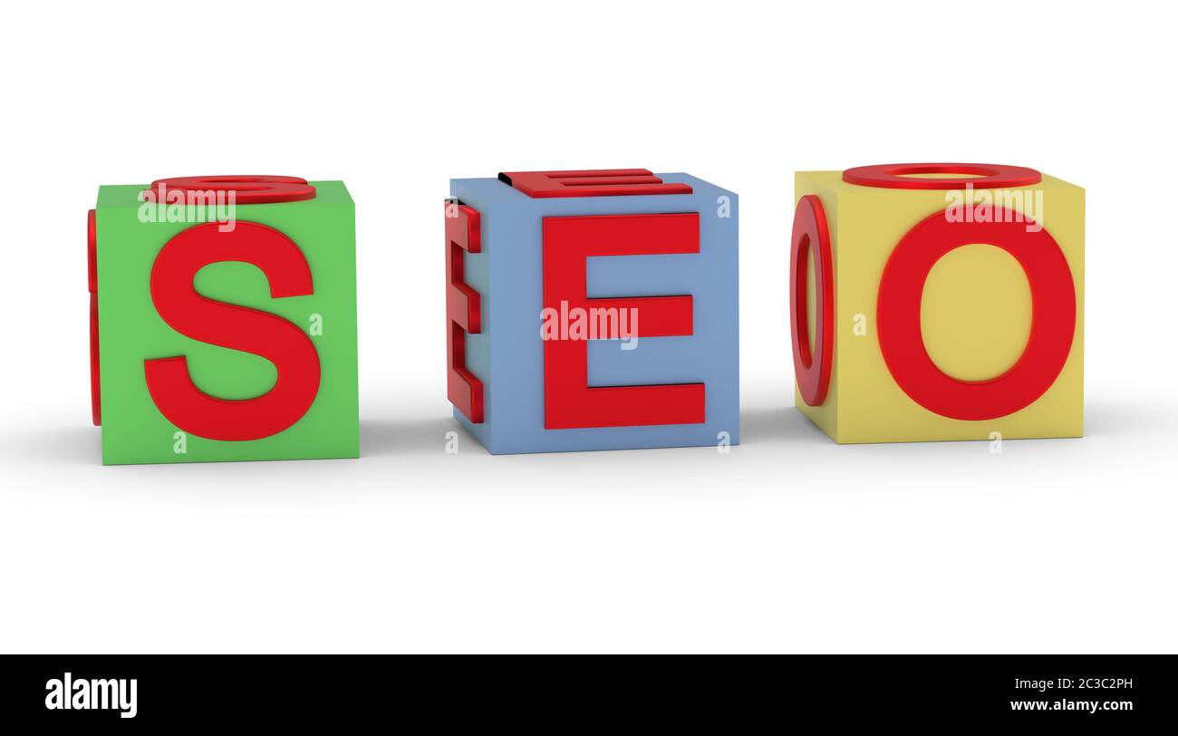 Mehrfarbige Würfel mit dem Wort SEO isoliert auf weiß. Geschäftskonzept Stockfoto