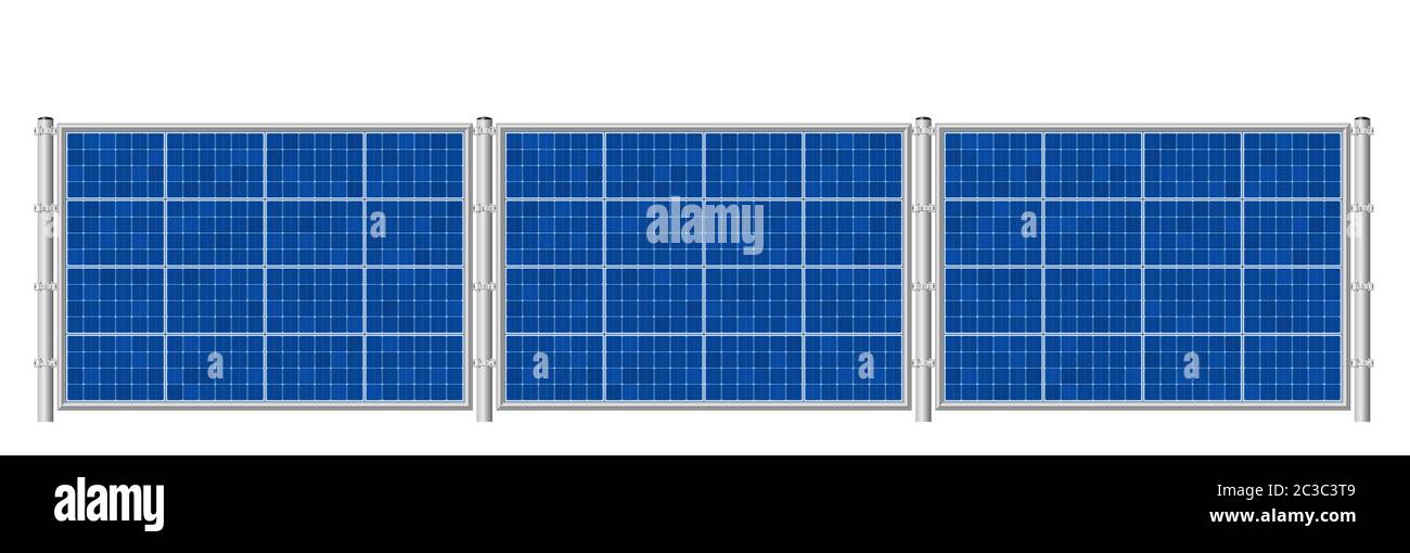 Solarzaun. Photovoltaik-Paneele für die ökologische Stromerzeugung. Solarplatten Kollektor Set - Abbildung auf weißem Hintergrund. Stockfoto