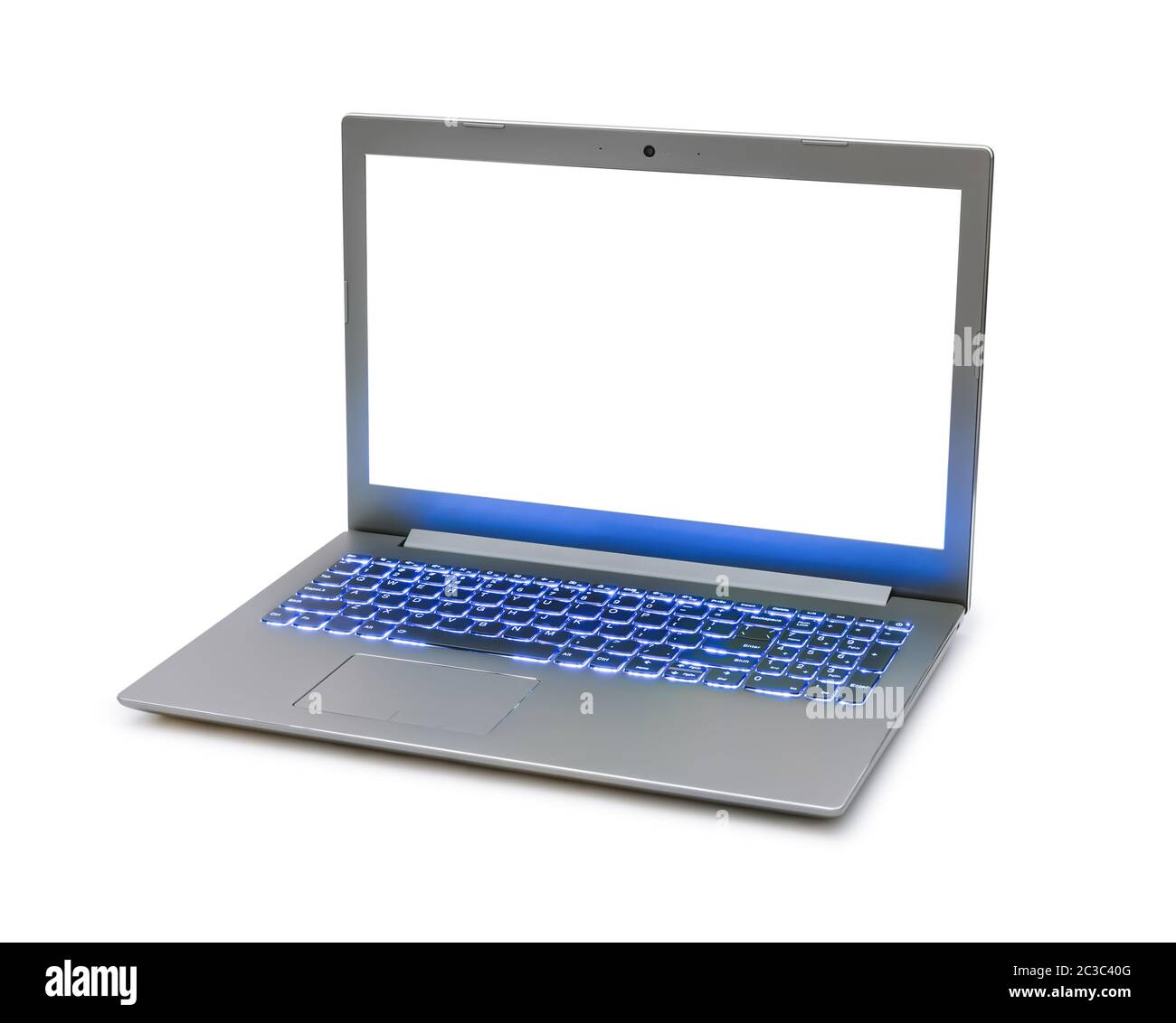 Notebook-Computer mit blauer Tastaturbeleuchtung Stockfoto