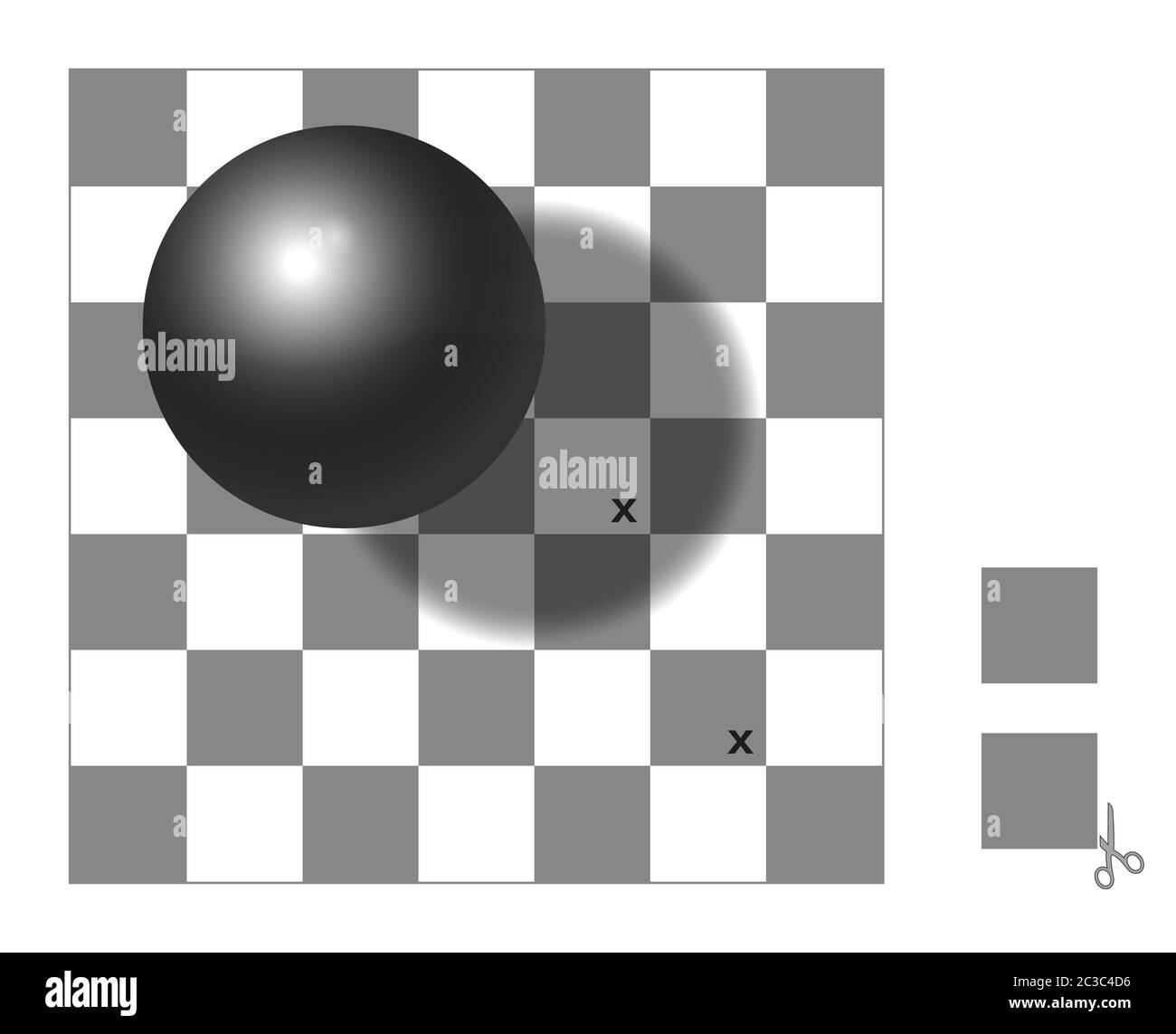 Optische Täuschung. Schattentäuschung. Die beiden Quadrate mit x-Markierung sind in der gleichen Grauschattierung. Schneiden Sie die beiden zusätzlichen Quadrate aus, vergleichen Sie und überprüfen Sie. Stockfoto