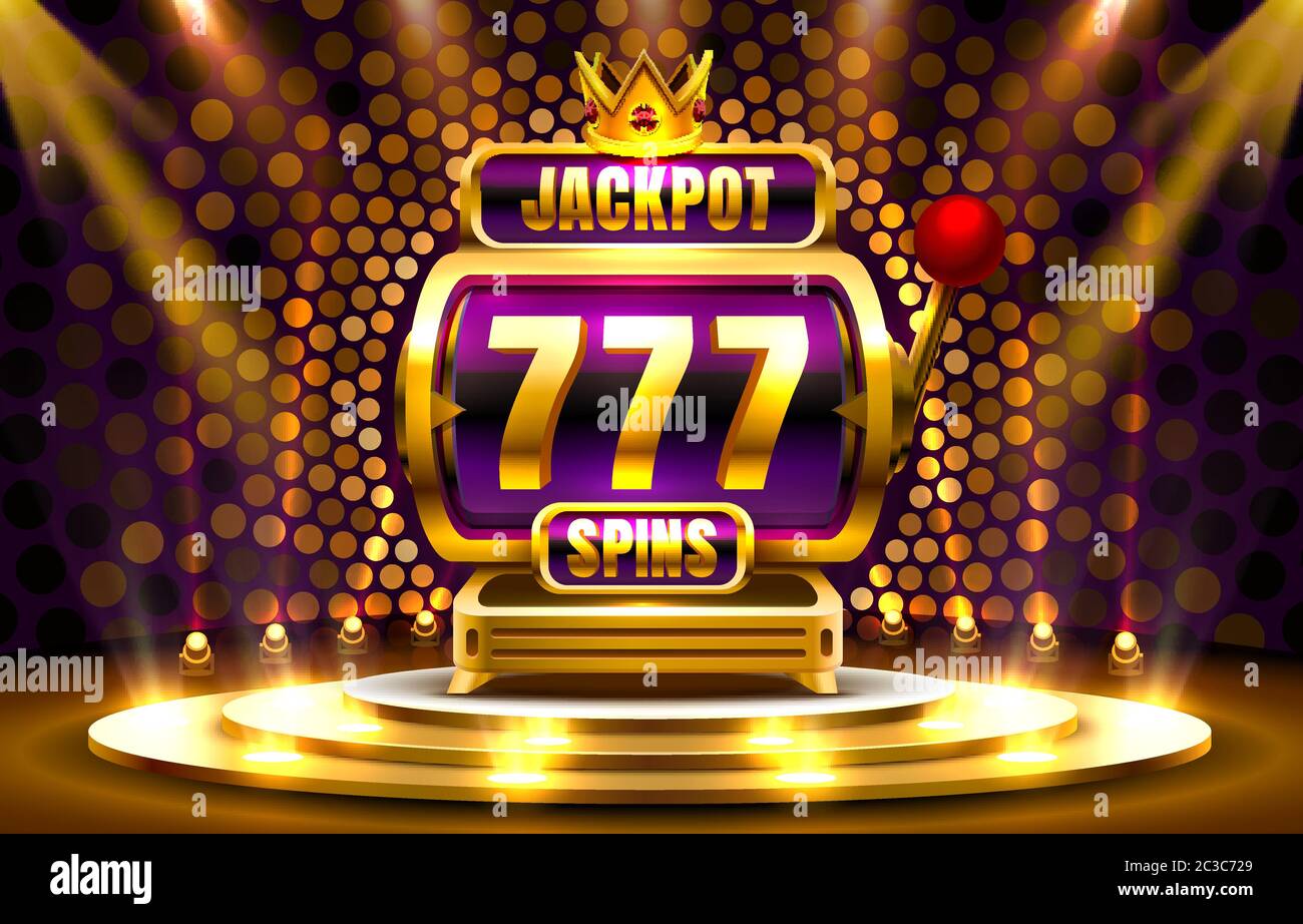 Ackpot King spins 777 Banner Casino auf dem goldenen Hintergrund. Vektorgrafik Stock Vektor