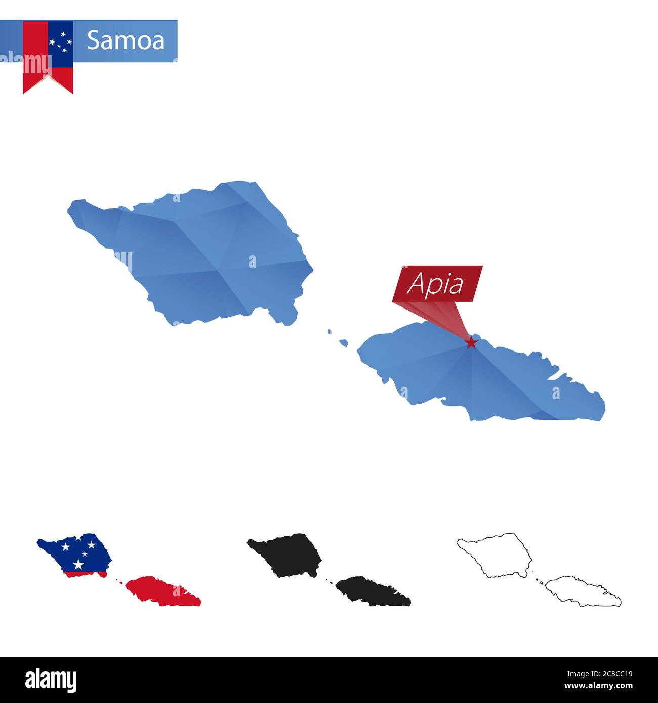 Samoa blau Low Poly Karte mit Hauptstadt Apia, Versionen mit Flagge, schwarz und Umriss. Vektorgrafik. Stock Vektor