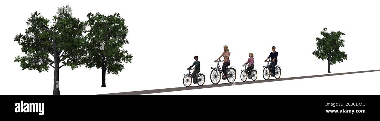 Radfahren Familie, Radfahrer zwischen Bäumen auf einem Sandgebiet Stockfoto