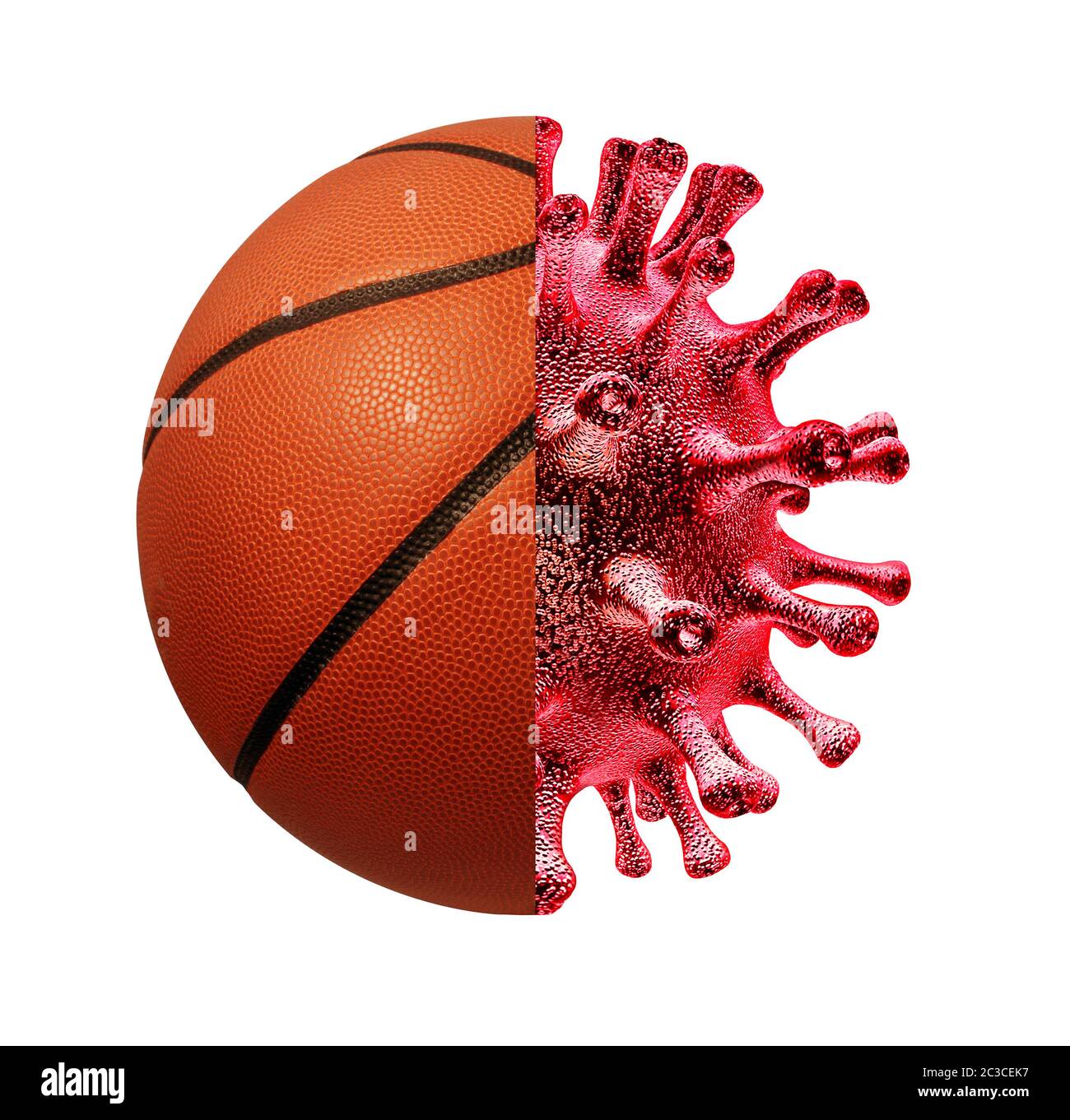 Basketball- und Coronavirus-Pandemie oder Sportabsage aufgrund von Covid- oder Influenza-Virus-Infektionsrisiko mit 3D-Illustrationselementen. Stockfoto