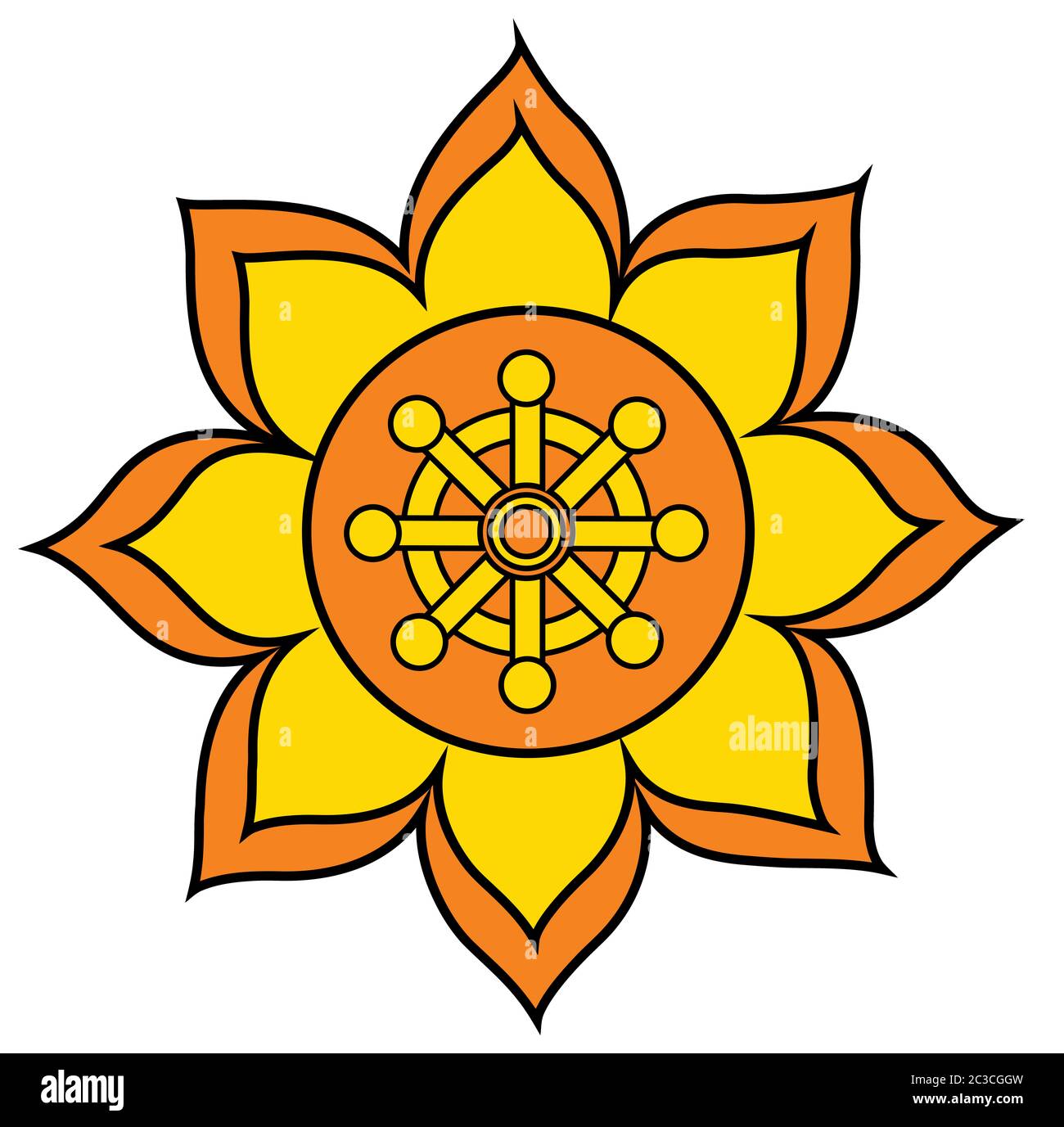 Chakra buddhismus Rad der gelben Illustrationsblume des Dharma Stockfoto