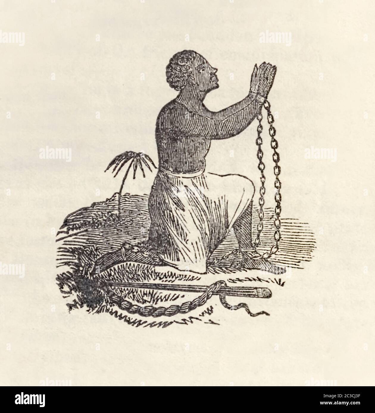 Kniendes Sklavenemblem der Anti-Sklaverei Gesellschaft, zeigt einen beherrschten afrikanischen Sklaven, der sich für die Befreiung bittet, neben ihm liegt eine Peitsche, die die untermenschliche Unterdrückung symbolisiert, die Sklaven ertragen mussten. Illustration aus ‘die Erzählung von William W. Brown, einem Fugitiven Sklave, von ihm selbst geschrieben’ von William Wells Brown (ca. 1814-1884). Stockfoto