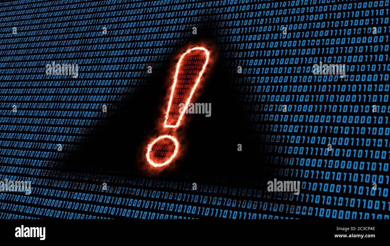 Binärcode-Hintergrund in blauer Farbe - brennendes Ausrufezeichen auf schwarzem Informationszeichen Stockfoto