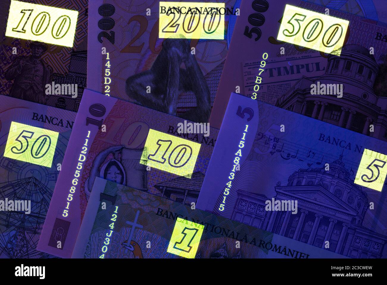 Rumänisches Geld in uv-Strahlen Stockfoto