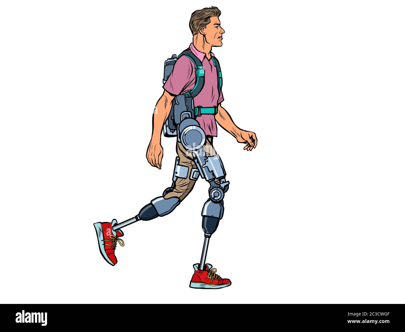 Exoskelett für Behinderte. Ein Mann ohne Beine veteran Spaziergänge. Rehabilitation Behandlung recovery. Wissenschaft und Technologie. die pop art retro Vektor illustratio Stockfoto