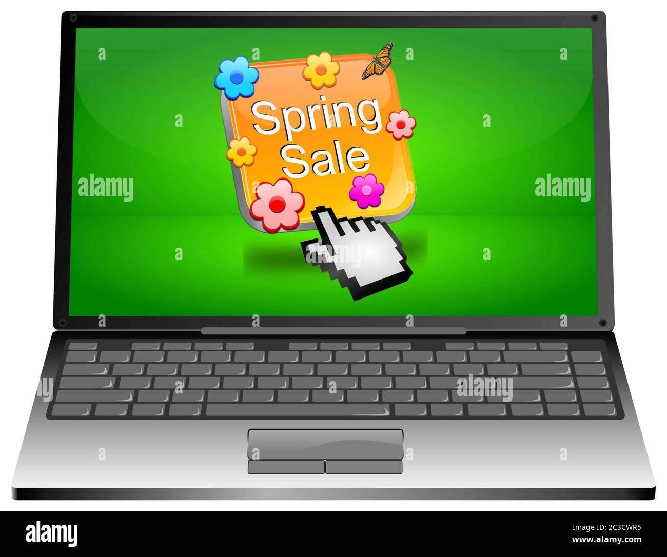 Laptop-Computer mit orangefarbener Frühlingsabverkauf-Taste auf grünem Desktop - 3D-Illustration Stockfoto